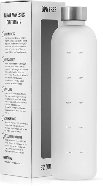 Water Bottle With Time Marker 1 L Reusable Water Bottles - BPA Free, Frosted Plastic - for Sports,Travel and Outdoors