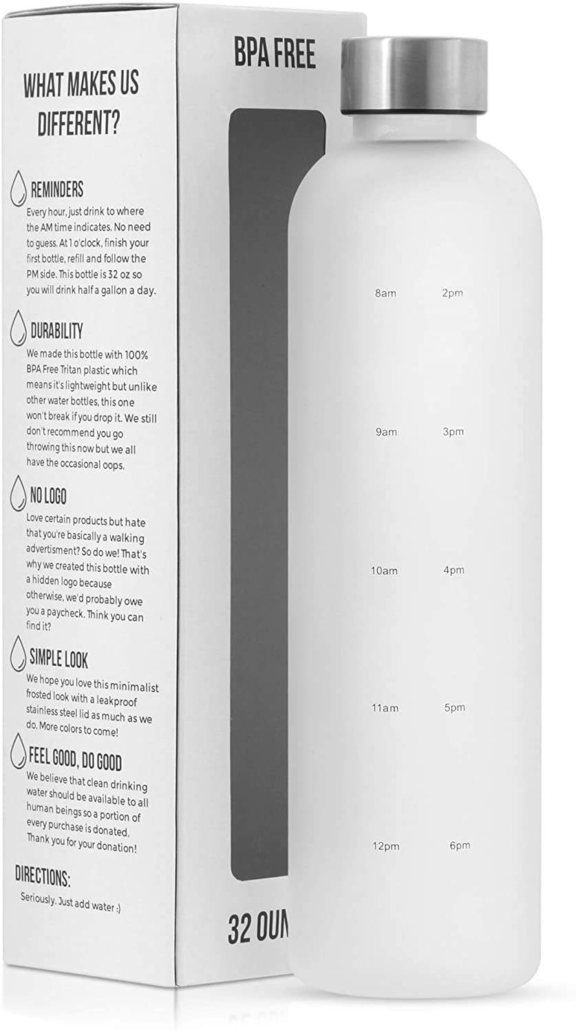 Water Bottle With Time Marker 1 L Reusable Water Bottles - BPA Free, Frosted Plastic - for Sports,Travel and Outdoors