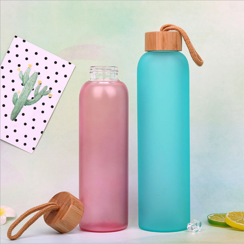 Colorful Custom Borosilicate Glass Water Bottle With Bamboo Lid Frosted Portable Bottle Glass