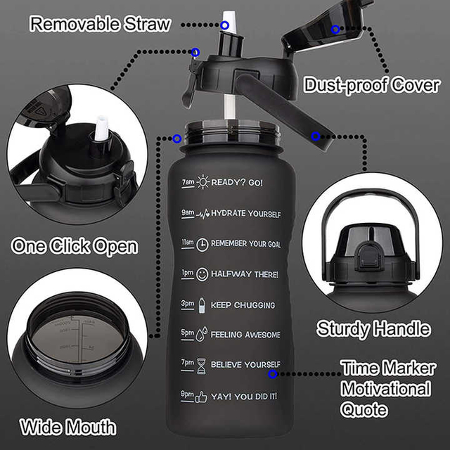 Botella Agua Tritan Garrafa De Agua 2L Gallon Portable Large Capacity Motivational Bottle Black Water Bottles