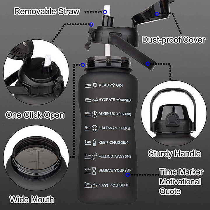 Botella Agua Tritan Garrafa De Agua 2L Gallon Portable Large Capacity Motivational Bottle Black Water Bottles